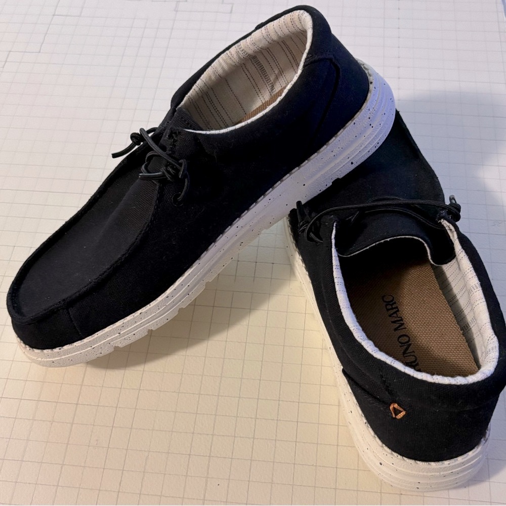 Bruno Marc, black slip on loafer with elastic ties. Ladies 9.5.